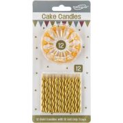 24 METALLIC GOLD SPIRAL CAKE CANDLES AND 12 HOLDER