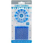 24 BLUE SPIRAL CAKE CANDLES AND 12 HOLDERS