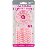 24 PINK SPIRAL CAKE CANDLES AND 12 HOLDERS