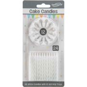 24 WHITE SPIRAL CAKE CANDLES AND 12 HOLDERS